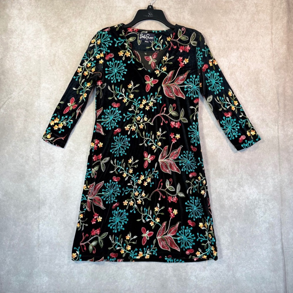 Lesley Evers Dress Women Medium Black Floral Embroidered Velvet V-Neck Shift